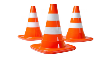 Three bright orange safety cones indicating caution on transparent background png