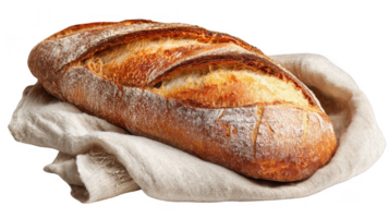 Freshly baked rustic bread loaf resting on linen cloth with transparent background png