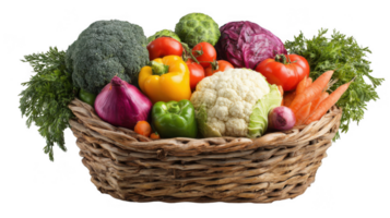 Woven basket overflowing with fresh seasonal vegetables on transparent background png
