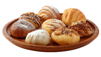 Freshly baked pastries arranged on wooden platter with transparent background png