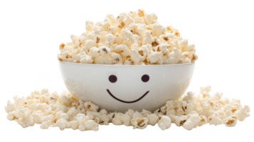 Smiling bowl overflowing with freshly popped popcorn on transparent background png