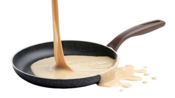 Pancake batter pouring into overflowing frying pan on transparent background png