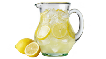 Refreshing lemonade in glass pitcher with ice and lemon slices on transparent background png