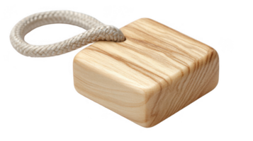 Small polished wooden charm glowing in soft light with string on transparent background png
