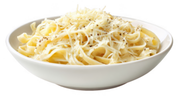 Sourdough pasta with grated cheese and pepper in a white bowl on transparent background png