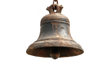 Old rusty bell hanging with transparent background showing character and history png