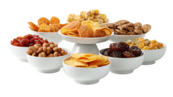 Bowls brimming with various snacks creating a tempting display on a transparent background png