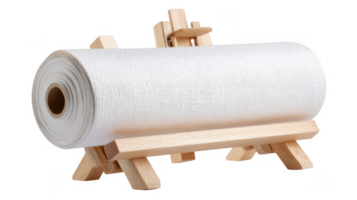 Roll of blank white canvas resting on wooden easel isolated on transparent background png