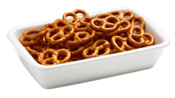 Mini pretzels with salt in a white bowl on transparent background png