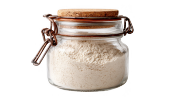 Rustic jar containing dry flour ingredients on transparent background png