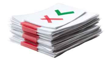 Stack of papers with test results showing passing and failing grades on transparent background png
