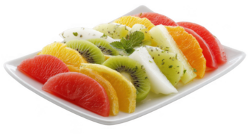 Sliced assorted fruits decorated with mint on a white plate with transparent background png