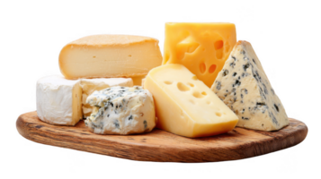 Assorted cheeses on wooden board with transparent background png
