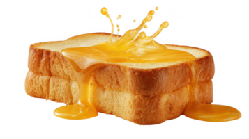 Slice of toast with melting butter splashing on transparent background png