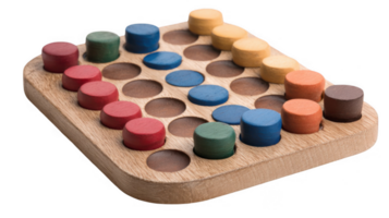 Wooden game board with colored player tokens displayed on transparent background png