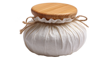 Cheesecloth covered jar with wooden lid and rustic twine on transparent background png
