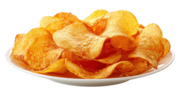 Crispy potato chips piled on a plate with transparent background png