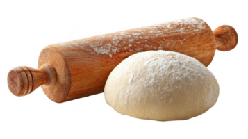 Wooden rolling pin resting beside freshly shaped dough ball on transparent background png