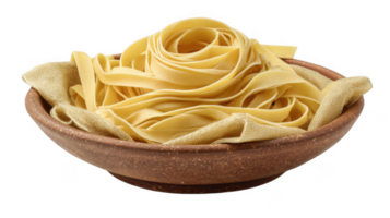 Fettuccine pasta nestled in a rustic clay bowl with transparent background png