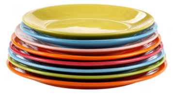 Stack of colorful plates on transparent background, ready for a family meal png