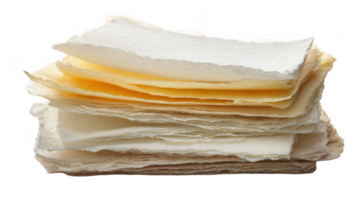 Stack of handmade paper drying under bright light with transparent background png