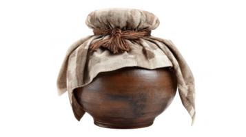Rustic clay jar covered with fabric on transparent background png