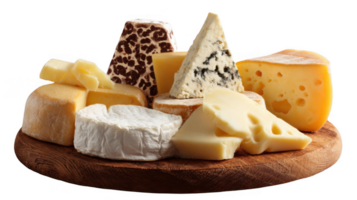 Assorted cheeses displayed on wooden plate with transparent background png