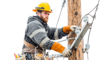 Lineman working on electrical pole with transparent background png