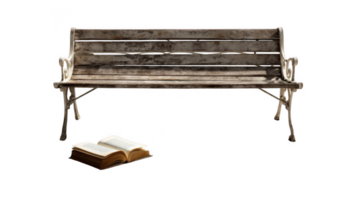 Open book lying on ground beside empty bench with transparent background png