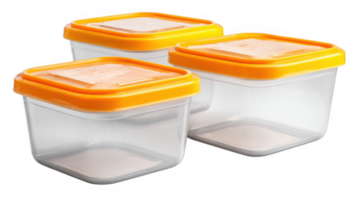 Three empty airtight containers with orange lids on transparent background png