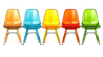 Row of five empty brightly colored plastic chairs on transparent background png