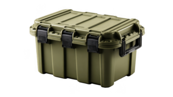 Rugged green storage container with secure latching system on transparent background png