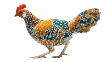 Bantam chicken walking with colorful intricate plumage on transparent background png