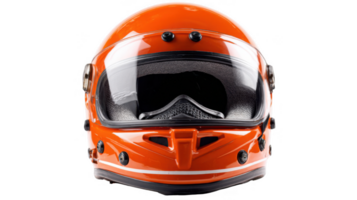 Bright orange helmet displayed under chin with transparent background png