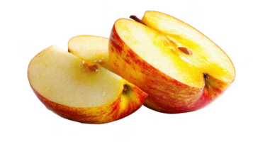 Sliced red apple isolated on transparent background, showing seeds and wet pulp png