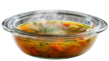 Steaming homemade soup with carrots, potatoes, and dill in glass container with transparent background png
