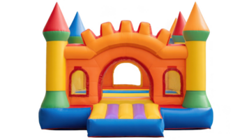 Colorful inflatable bouncy castle shaped like a castle with transparent background png