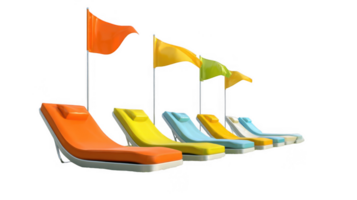 Row of colorful beach chairs with flags on transparent background png
