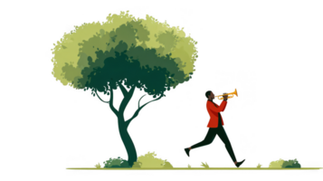 Musician running and playing trumpet in the park with transparent background png