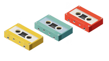 Three colorful audio cassettes on transparent background png