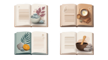 Open books showcasing wellness retreat accessories on transparent background png