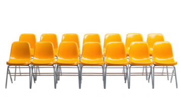 Row of empty yellow plastic chairs with transparent background png