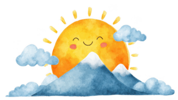 Smiling sun rising behind snowy mountain with transparent background png