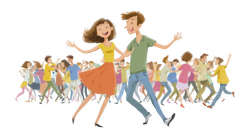 Happy couple dancing joyfully in a crowded square with transparent background png