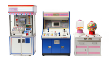 Claw crane, arcade game machine and gumball vending machine on transparent background png
