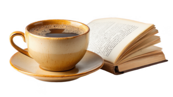 Cup of coffee enjoyed while reading a book on transparent background png