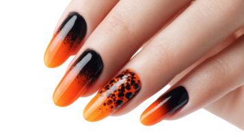 Woman hand showing halloween nail art with black and orange gradient on transparent background png