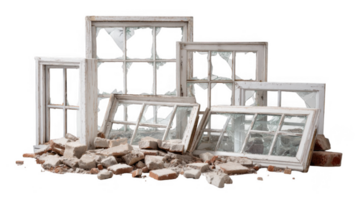 Broken window frames resting on pile of rubble with transparent background png