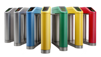 Colorful row of turnstiles access control for public transportation on transparent background png