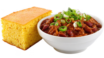 Chili con carne with cornbread and green onions on transparent background png